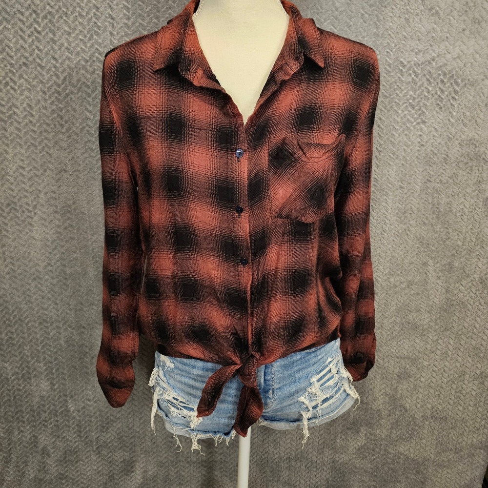 Boho Cabin Relaxed Plaid Tie Front Button Up Shirt Terracotta Black Rayon Size M